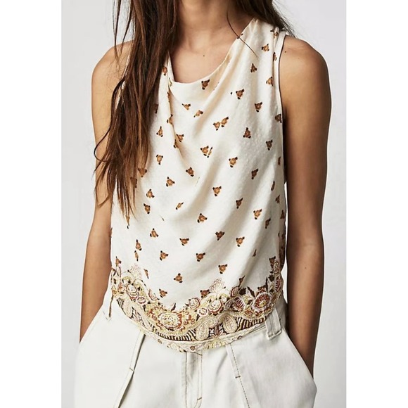 Free People Womens Ivory Combo Silas Printed Cowl Neck Backless Viscose Tank M - Picture 10 of 10